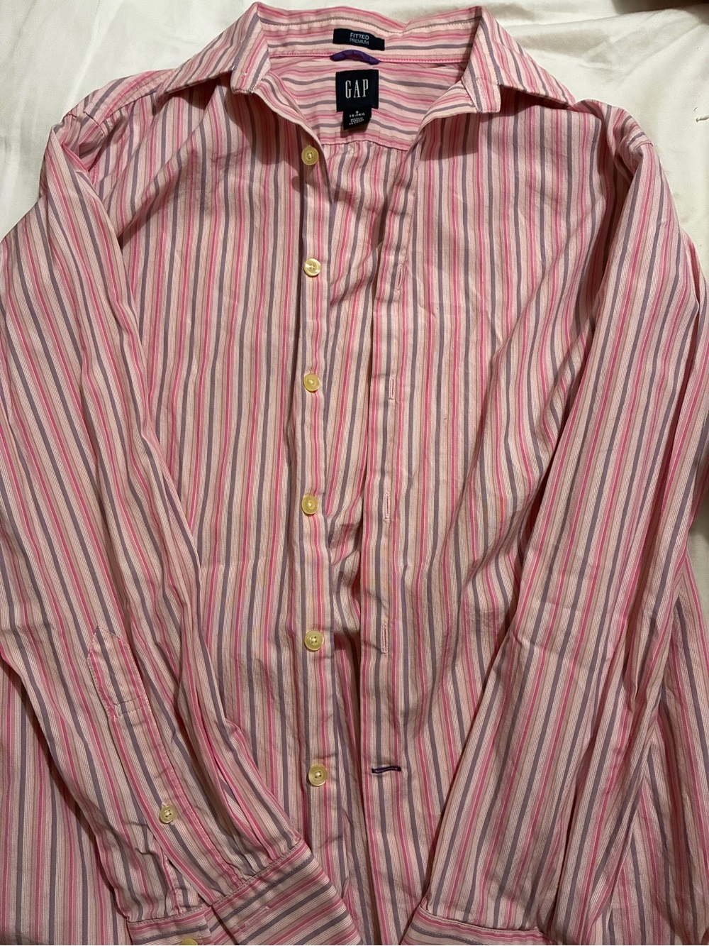 GAP Men’s Pink and White Multi-Stripe Dress Shirt